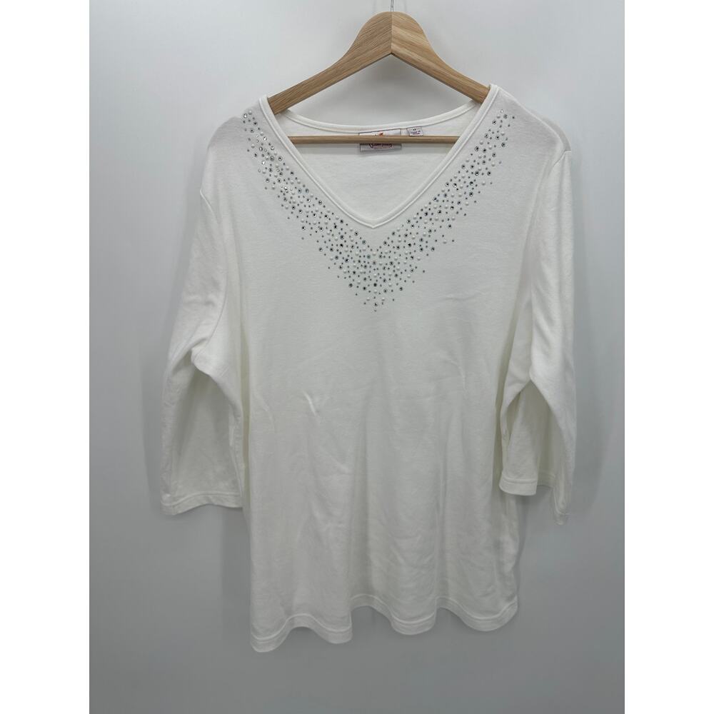 Quaker Factory Women Tunic 1X Cotton White Rhinestones 3/4 Sleeve Stretch Sequin
